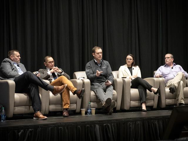 From left, KJ Johnson with the Illinois Fertilizer and Chemical Association, Frank Wong with Bayer, Rueben Baris with Corteva, Josie Montoney-Crawford with the National Association of State Departments of Agriculture and Aaron Hager with the University of Illinois discussed many unanswered questions about the EPA&#039;s Herbicide Strategy during the IFCA annual convention. (DTN photo by Jason Jenkins)