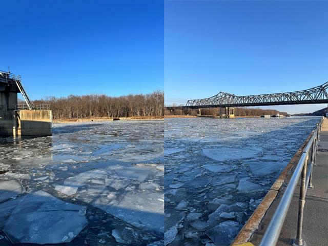 Ice buildup at the Peoria Lock on the Illinois River as seen in the U.S. Army Corps of Engineers Jan. 21 Inland and Intracoastal Waterways Lock Status Update. (Photos courtesy of the U.S. Army Corps of Engineers)