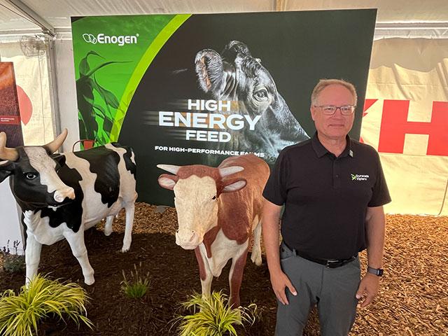 Eric Boeck, regional director, North America seeds, at Syngenta, explains the Enogen Feed Forward opportunity will pay cattlemen 4 cents per head per day on feed. (DTN/Progressive Farmer photo by Gregg Hillyer)