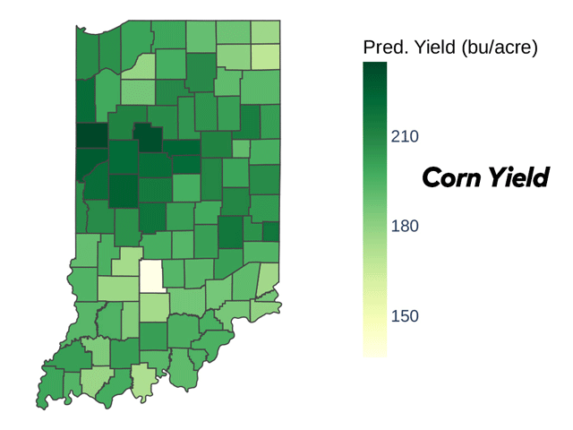 Benton County, which is northwest of Lafayette on the Illinois border, is forecast to have the highest average corn yield in Indiana at 236.6 bushels per acre. The darkest shades of green represent 230-bpa yields or higher, while the lightest green shades represent 150-bpa yields. (DTN map by Scott Williams)