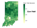 Benton County, which is northwest of Lafayette on the Illinois border, is forecast to have the highest average corn yield in Indiana at 236.6 bushels per acre. The darkest shades of green represent 230-bpa yields or higher, while the lightest green shades represent 150-bpa yields. (DTN map by Scott Williams)