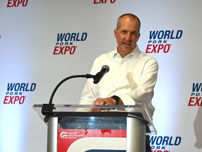 Iowa Secretary of Agriculture Mike Naig discusses Iowa's response to the detection of the pseudorabies virus at a swine facility during the recent World Pork Expo in Des Moines. (DTN/Progressive Farmer photo by Jennifer Carrico)