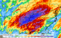 Total rainfall over the last seven days shows intensely heavy amounts for large portions of the Mid-South and southern Midwest. Areas in yellow are generally over one inch, red over two inches, purple over four inches, and blue over eight inches. (DTN graphic) 