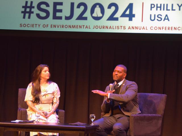 EPA Administrator Michael Regan (right) discusses regulatory and policy issues, including several that impact farmers and rural America, during his meeting Friday with members of the Society of Environmental Journalists in Philadelphia. On the left is Jennifer Hijazi, a reporter with Bloomberg Law. (DTN photo by Chris Clayton)