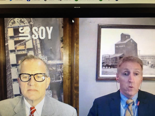 CEO of the U.S. Soybean Export Council Jim Sutter, left, and Joe Stone, Cargill&#039;s executive vice president for the agricultural supply chain and corporate trading strategy, discuss demand in China that has outpaced expectations for Cargill. (DTN image from screenshot)  