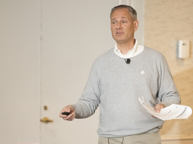 Rod Mauszycki, principal in the Agribusiness and Cooperative group with CliftonLarsonAllen, speaks to farmers at this year&#039;s DTN Ag Summit about possible changes in tax law that could affect their operations. (DTN/Progressive Farmer photo by Joel Reichenberger)