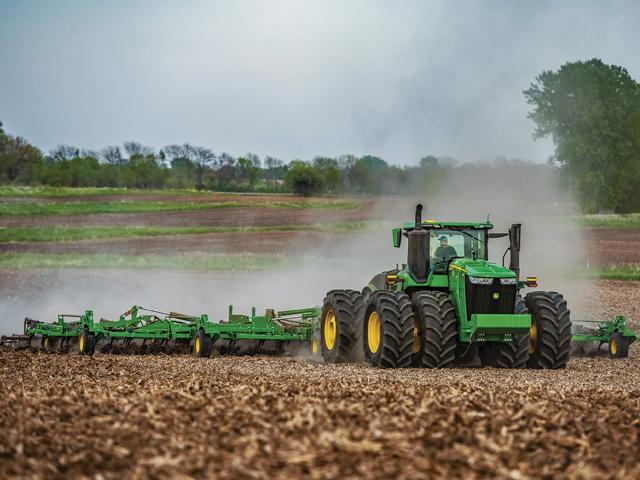 Equipped with an all-new John Deere PowerTech 13.6L engine, 9 Series tractors pull wider implements faster and more precisely. (Photo courtesy of John Deere)