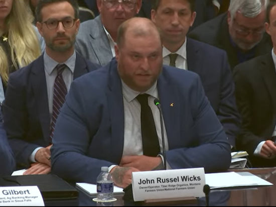 Montana farmer John Wicks, representing National Farmers Union, testified Wednesday before a House Ag Subcommittee hearing on Farm Service Agency loan policies. He and others talked about the benefits of FSA loans, but said loan limits should be increased, and FSA needs to speed up its loan approvals to meet modern demands. (Image from hearing livestream)