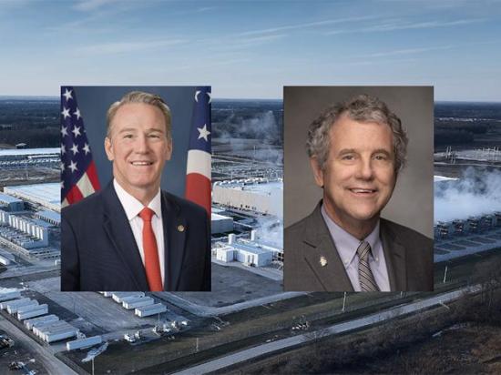 Sen. Jon Husted, R-Ohio, left, faces Democrat and former Sen. Sherrod Brown in a November midterm election over technology, land and where they meet in-between: data centers. Google's New Albany, Ohio, data center is shown, built 2019. (Data center photo provided by Google; courtesy photos of candidates)