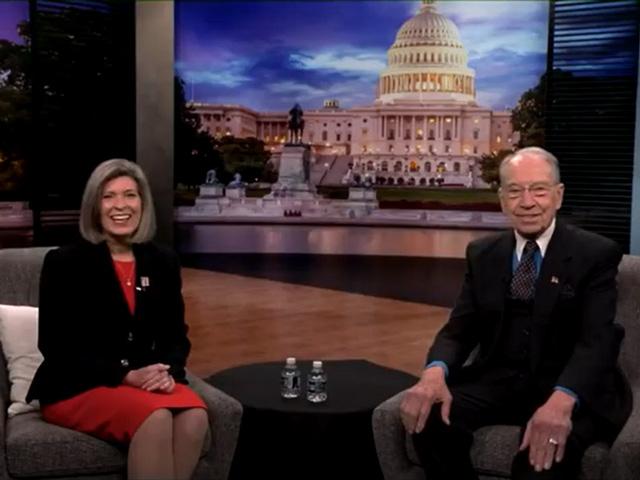 Iowa Republican Sens. Joni Ernst and Charles Grassley introduced legislation to replace banned Russian oil and gas imports with biofuels. (Screenshot from livestream news conference)