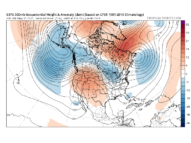 A ridge building into western North America next week will change the weather pattern, but for how long? (Tropical Tidbits graphic)