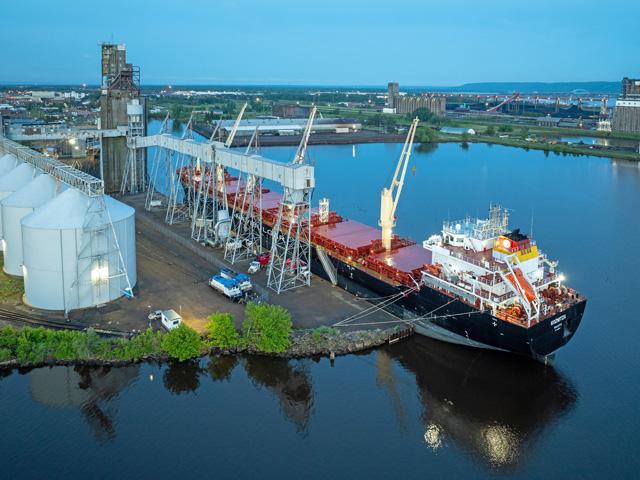 Koznitza is docked at CHS Elevator on June 17 as it loads spring wheat bound for Italy. Built in 1936, CHS Superior, Wisconsin, is the largest grain shipper in the Duluth-Superior port, handling about 60% to 70% of the port's total grain volume. (Photo courtesy of Schauer Photo Images)