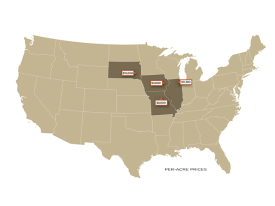 Per-acre prices of recent farmland sales. (DTN graphic)
