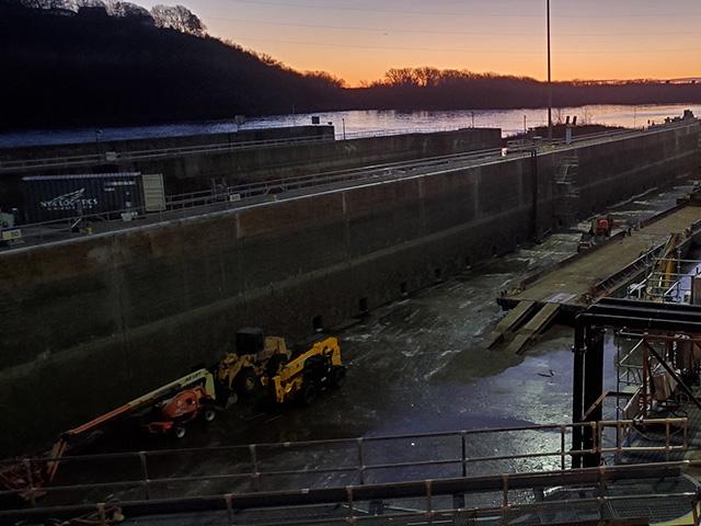 USACE said that Lock and Dam 2, near Hastings, Minnesota, is officially dewatered. Engineers will complete maintenance and repair on the concrete structures this winter outside of the navigation season to keep navigation open on the Upper Mississippi River. This type of dewatering and maintenance is only done every 20 years. (Photo courtesy USACE St. Paul District)