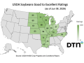 This map shows soybean condition ratings by state, according to USDA NASS estimates released Monday. (DTN graphic by Kathy Myers)