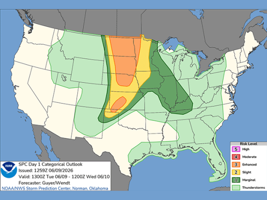 An enhanced risk of severe weather is forecast for June 9. This is the first of many days of significant severe weather threats across the country. (SPC graphic)