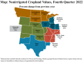 Non-irrigated cropland values increased by 15% in 2022 on average, with states in prolonged drought showing the smallest increases while highly productive regions reported larger gains. (Map courtesy of the Kansas City Federal Reserve)
