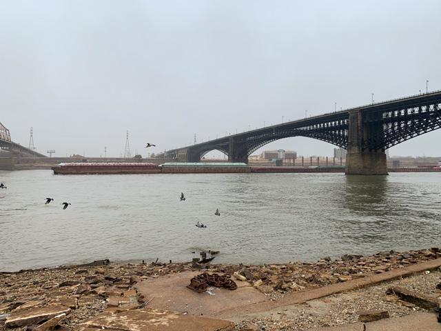 While much of the river system has received good moisture so far this winter, St. Louis has not, keeping river levels below zero gauge. Barges are still moving, as seen in this picture, but draft restrictions have been ongoing and fluctuating. (DTN photo by Mary Kennedy)