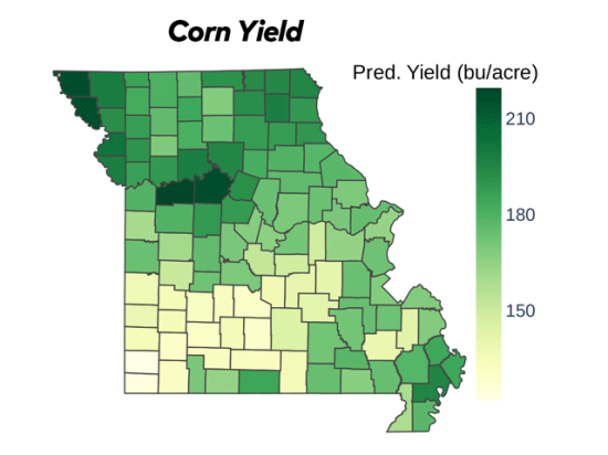 According to 2025 DTN Digital Yield Tour estimates, Lafayette County in west-central Missouri is projected to have the state&#039;s highest county average for corn at 221.5 bushels per acre, helping to push the state average yield to what could be an all-time high should it materialize. (DTN map by Scott Williams)