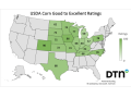 This map shows good-to-excellent condition ratings for corn by state, according to USDA NASS estimates released Monday. (DTN graphic by Kathy Myers)