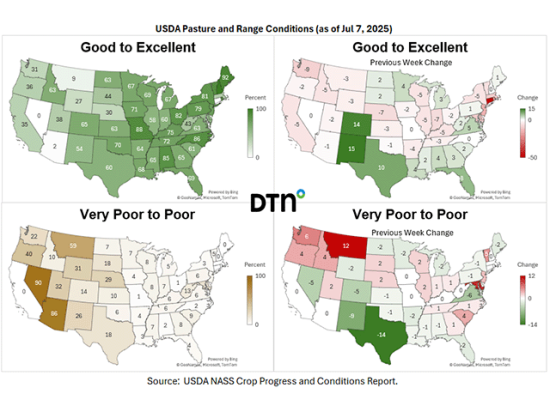 Widespread improvements in pasture conditions were seen across the country last week, especially in Texas. Yet, some states continue to see drought conditions. (DTN graphics by Kathy Myers)