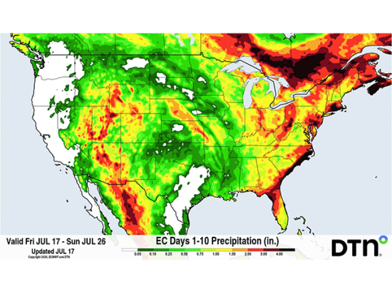The rainfall forecast from the European model over the next 10 days shows limited coverage and intensity for areas that were hit hard by this week's heat wave. (DTN graphic)