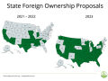 States highlighted in green had legislation proposed or new rules offered to restrict foreign land ownership. Note the spike in action in 2023. More proposals and actions by state governors are expected this year as well. (Maps courtesy of the National Agricultural Law Center)