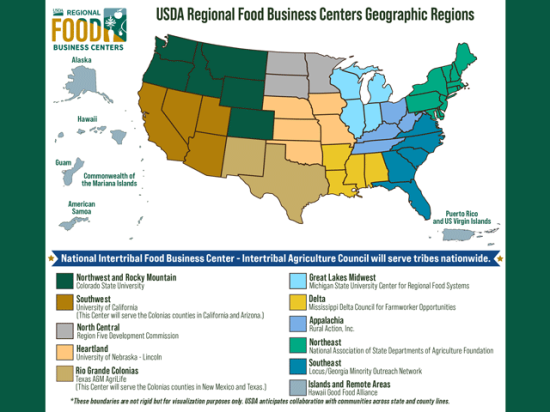 Created with funding under the American Rescue Plan, USDA under the Biden administration launched 12 Regional Food Business Centers two years ago with plans to offer technical assistance and grants to small- and mid-sized farms and food businesses. USDA is now ending those centers. (Map/graphic from USDA website)