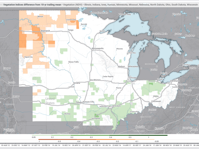 The map above shows the difference in vegetation&#039;s "greenness" compared to the 10-year average, with orange colors reflecting drought conditions and green shading reflecting above-average precipitation levels. (Map courtesy of Gro Intelligence)