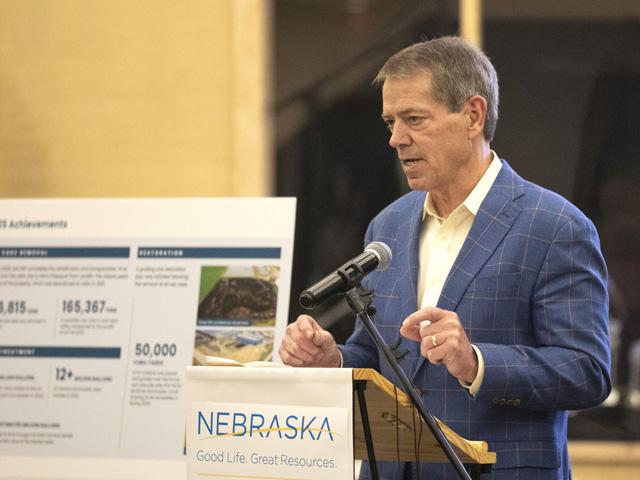 Nebraska Gov. Jim Pillen speaks to attendees of a meeting in Mead, Nebraska, with community members receiving an update on private cleanup efforts with state help of the former AltEn ethanol plant. (Photo courtesy of the Nebraska Governor&#039;s Office)