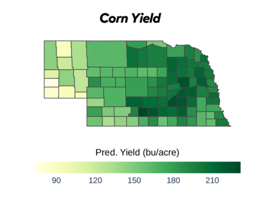 Phelps County in south central Nebraska is forecast to have the highest county average yield in the state at 228.9 bpa. The darkest shades of green represent 210-bpa yields or higher, while the lightest green shades represent 90-bpa yields. (DTN map by Scott Williams)