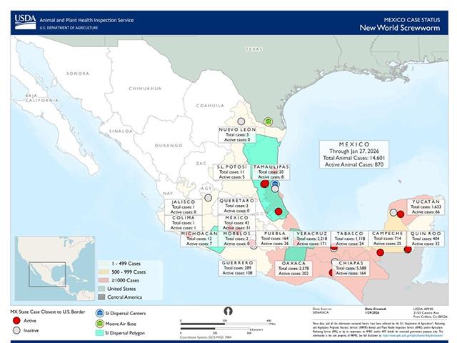 USDA's latest status map for New World screwworm (NWS) shows Mexico has 870 active cases involving animals as of Jan. 20, 2026, including eight active cases in the Mexican state of Tamaulipas, which borders Texas. Mexico also reports 24 people hospitalized due to infections. Texas Gov. Greg Abbott has issued a statewide disaster declaration to prepare for the risk that the fly crosses the border. (Map from USDA's Animal and Plant Health Inspection Service)