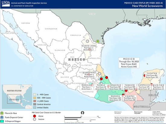 New World screwworm has been active in Mexico for nearly a year. Total cases through Oct. 18 are 8,641, with 642 of those being currently active cases. (USDA APHIS map)
