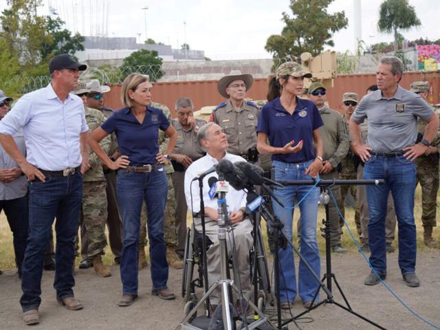 GOP governors at the U.S.-Mexico border, including Kevin Stitt of Oklahoma, Kim Reynolds of Iowa, Greg Abbott of Texas, Krist Noem of South Dakota and Jim Pillen of Nebraska. (Photo courtesy of South Dakota Searchlight and Gov. Noem's office) 