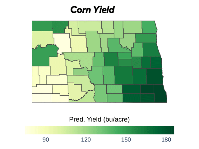 A cluster of southeastern counties in North Dakota are projected to average more than 180 bushels per acre of corn, with Ransom County leading at 186.4 bpa. The darkest shades of green represent 240-bpa yields or higher, while the lightest green shades represent 180-bpa yields. (DTN map by Scott Williams)