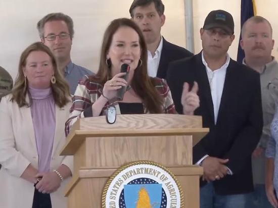 U.S. Secretary of Agriculture Brooke Rollins addresses a crowd during a news conference at the groundbreaking of the New World screwworm sterile fly production facility at the Moore Air Base in Edinburg, Texas. (Screenshot of Channel 4 San Antonio livestream)