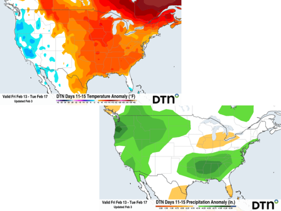 Temperatures are forecast to be above normal in mid-February, but that is likely to lead to increased precipitation chances as well. (DTN graphics)