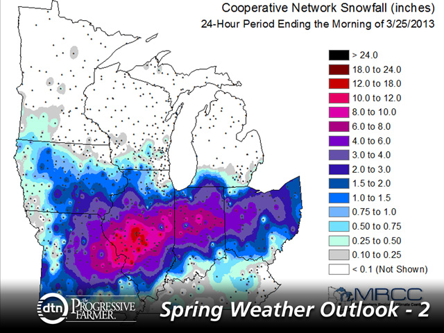 Almost a foot of snow during Palm Sunday weekend poses a chance of delaying planting in the Eastern Corn Belt. (Graphic courtesy of Midwest Climate Center)