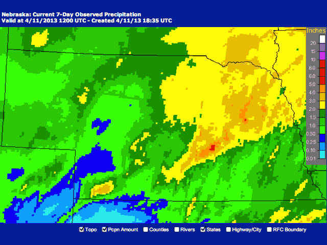 Rainfall amounts of 1 inch to 4 inches in central and eastern Nebraska this week have recharged topsoil for corn planting. (Graphic courtesy of the National Oceanic and Atmospheric Administration)  