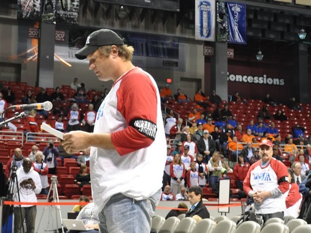 Fullerton, Neb. farmer Jim Tarnick testifies during the U.S. Department of State hearing on the Keystone Pipeline Thursday in Grand Island, Neb. More than 100 people offered testimony. (DTN photo by Todd Neeley)