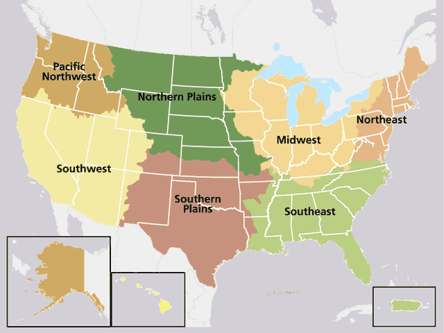 USDA is creating seven new "regional climate hubs" that will combine work at USDA and land-grant universities to provide farmers with tools for best management practices and risk mitigation to challenges ranging from pest management to water availability. (Graphic courtesy of USDA) 