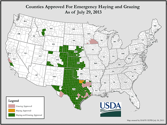 Most of the area where emergency haying and grazing is allowed is in the Southern Plains. (Map courtesy USDA)