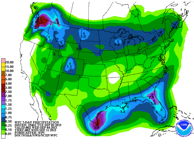This graphic from the National Oceanic and Atmospheric Administration (NOAA) indicates the potential for precipitation on the southern prairies in the seven-day period to Sept. 10. The entire system has been pushed southward during repeated checks on Tuesday. (DTN graphic by Nick Scalise)