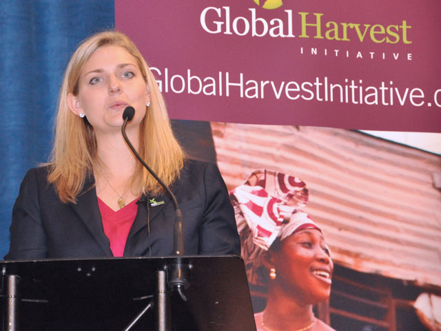 Erica Seitzer, the market communications coordinator for DuPont Pioneer and a senior associate at the Global Harvest Initiative, explains not all regions are on track to produce the food their people will need by 2050. (DTN photo by Emily Garnett)