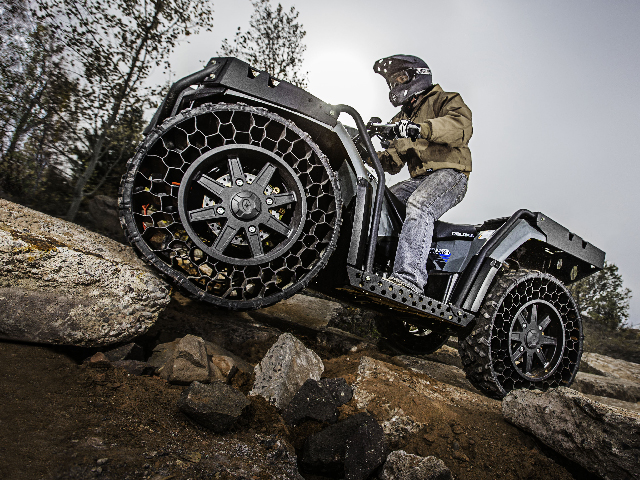 Non-pneumatic tires don't go flat, even in the harshest of conditions. (Photo courtesy of Polaris Industries, Inc.)