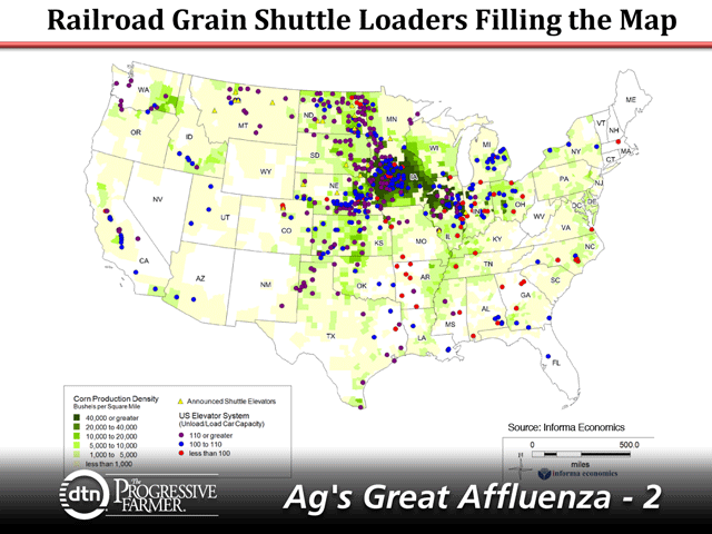 Grain companies reinvested their profits from agriculture&#039;s "gravy years" into grain origination infrastructure, and now more than 500 high-speed shuttle elevators dot the countryside. (Map courtesy of Informa Economics)