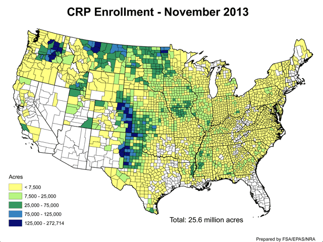 About 27 million acres of farmland are under Conservation Reserve Program contracts now, about a third of which are owned by nonfarmers and other passive investors. (Map courtesy of FSA) 