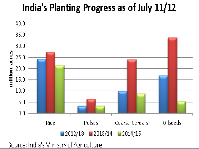 Delayed planting in India due to a late monsoon has resulted in 63.4 million acres of all kharif (summer) crops seeded as of July 11, down from 127.9 million acres seeded as of July 12, 2013. This chart indicates the reported planting progress for selected crops this year (green bars) as compared to 2013 (red bars) and 2012 (blue bars). (DTN graphic)