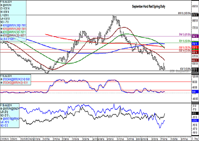 The September Minneapolis trade came to life on Thursday with the downing of a Malaysian airliner. Thursday's trading range took place over a 27 1/2 cents trading range creating a bullish outside trading bar, encompassing the range of trade seen over the previous five sessions. Friday's trade saw prices correct lower. (DTN graphic by Scott R Kemper)