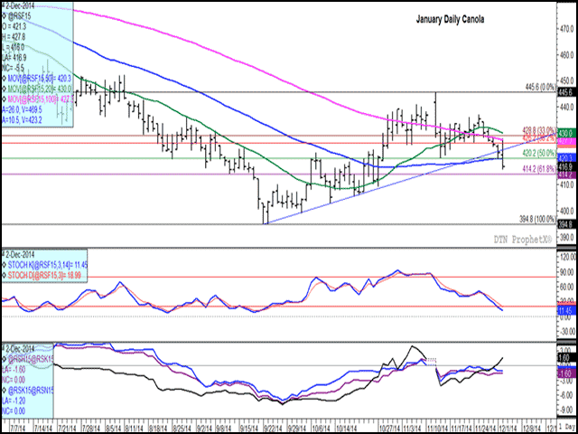 January canola broke various levels of potential support this session. The end result was a bearish outside day, with today's trading bar engulfing yesterday's trading range, while ending near the lower end of the range. The lower study indicates growing commercial bullishness, with the Jan/March spread closing at a $1.60/mt inverse. (DTN graphic by Nick Scalise)